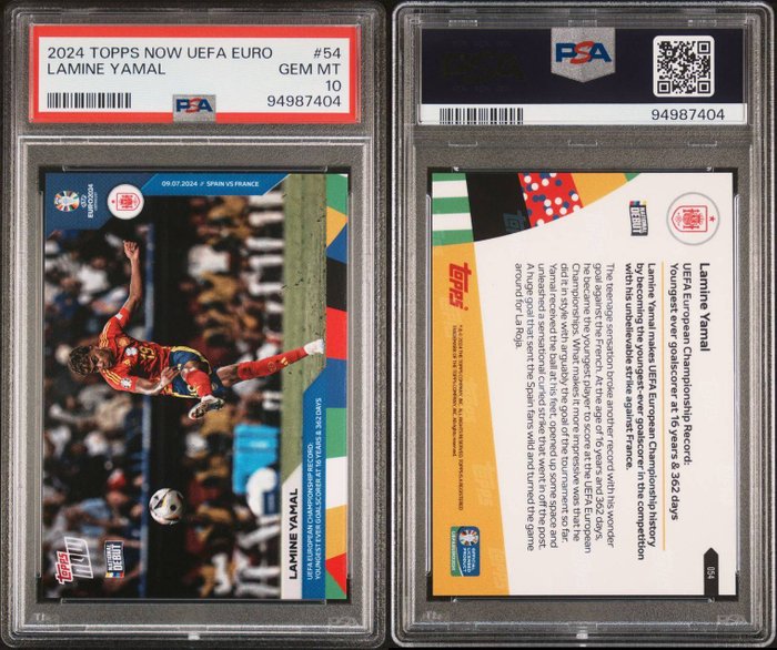 2024 Topps Now UEFA Euro Lamine Yamal #54 Goal vs Francia - 16 Years Old PSA 10 Graded card