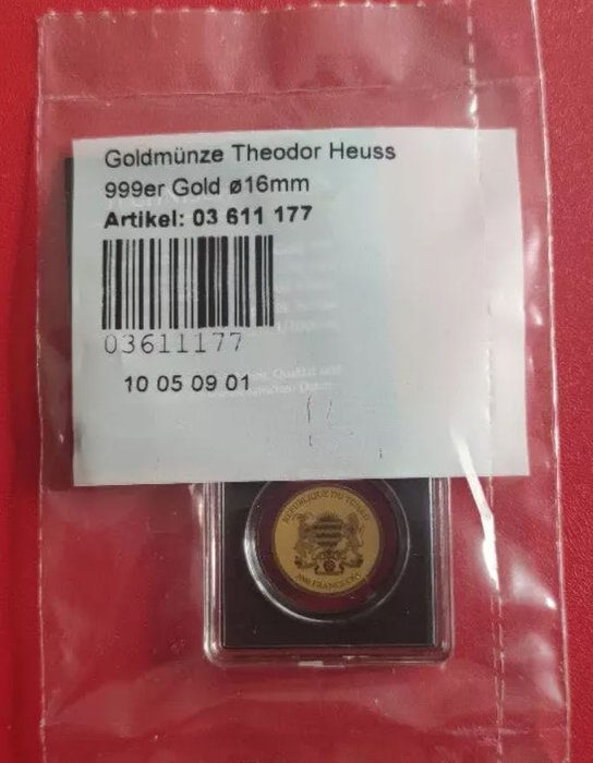 Tchad Theodor Heuss 1/1000 Oz (999) mit COA  (Ingen mindstepris)