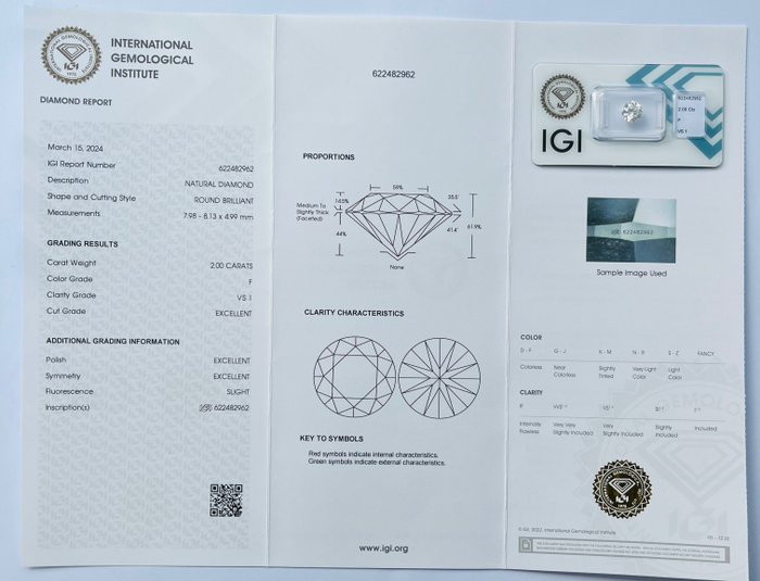 1 pcs Diamant  (Natur)  - 2.00 ct - Rund - F - VS1 - International Gemological Institute (IGI) - Ex Ex Ex