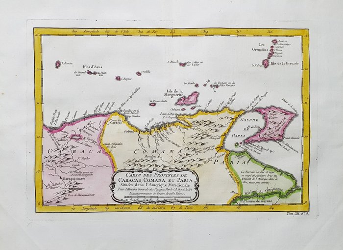 America - Sydamerika / Caracas / Colombia / Trinidad / Tobago; La Haye, P. de Hondt / J.N. Bellin / A.F. Prevost - Carte des Provinces de Caracas, Comana, et Paria - 1721-1750