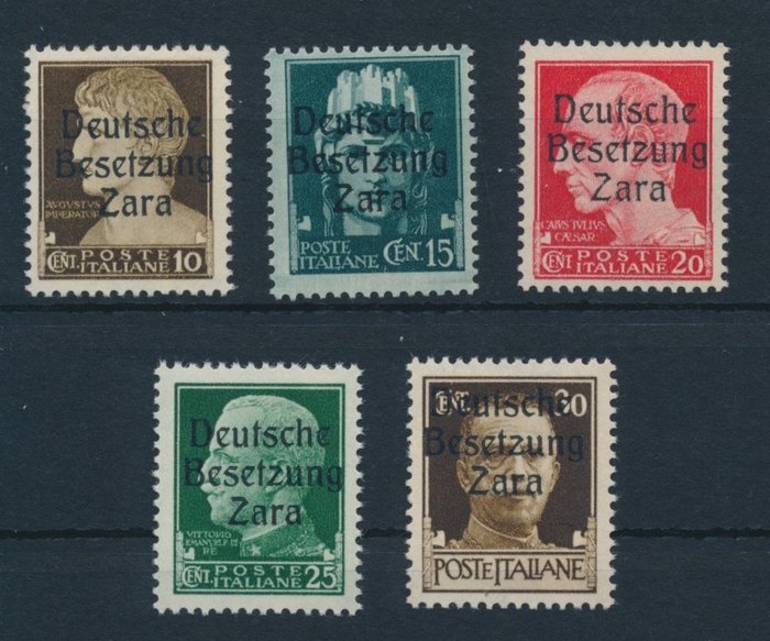 Tyske Rige - Besættelse af Zara 1943 - Italienske frimærker 10 cent - 30 cent med Zara-tryk i Type I - Michel Nr. 2 I - 6 I mit Fotobefund Brunel "echt  einwandfrei"