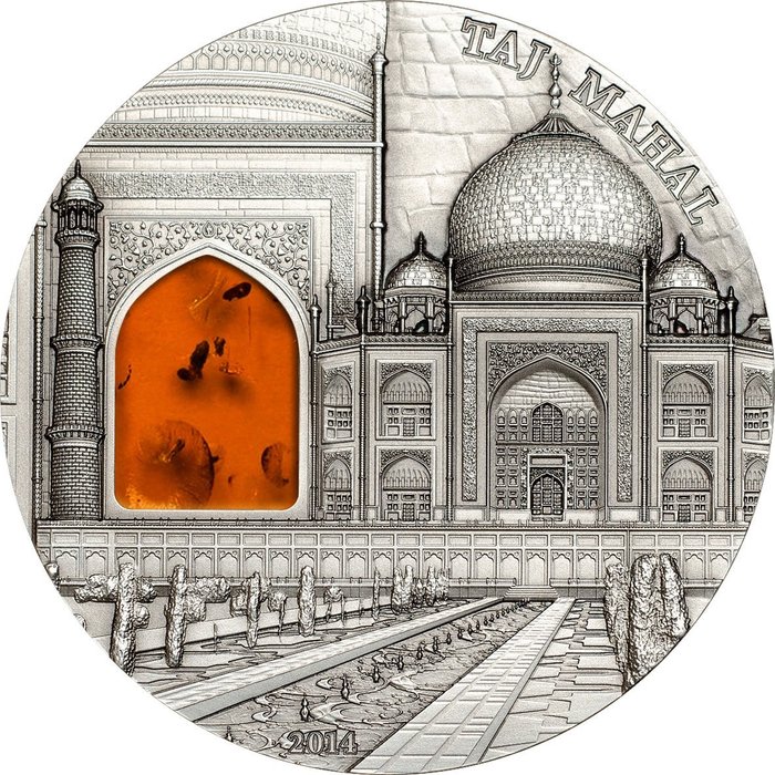 Palau. 10 Dollars 2014 "Taj Mahal in India" with real Amber, 2 Oz (.999)