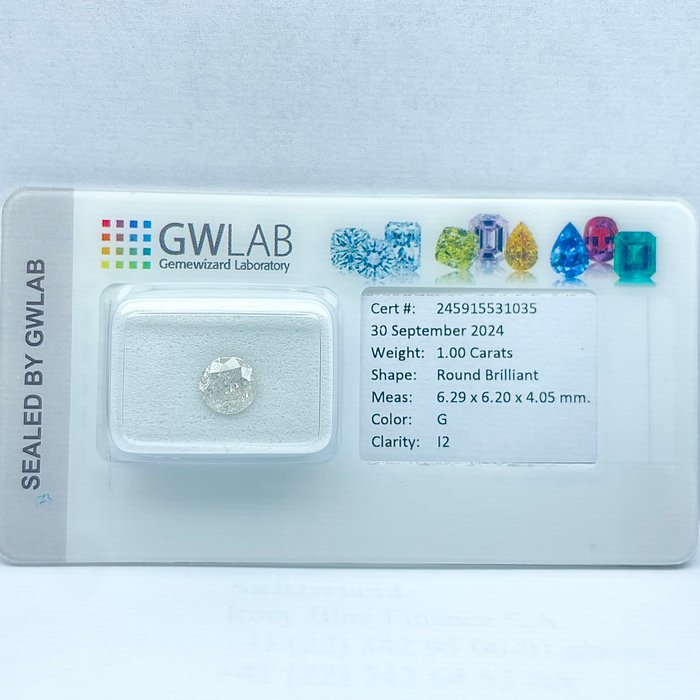 Ingen mindstepris - 1 pcs Diamant  (Natur)  - 1.00 ct - Rund - G - I2 - Gemewizard Gemological Laboratory (GWLab)