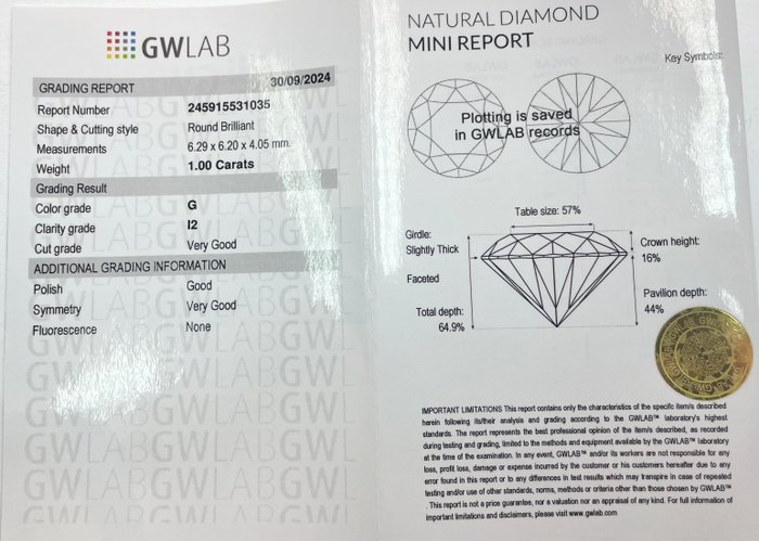 Ingen mindstepris - 1 pcs Diamant  (Natur)  - 1.00 ct - Rund - G - I2 - Gemewizard Gemological Laboratory (GWLab)