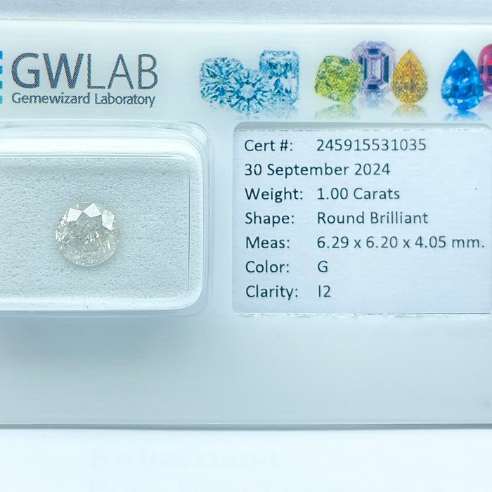 Ingen mindstepris - 1 pcs Diamant  (Natur)  - 1.00 ct - Rund - G - I2 - Gemewizard Gemological Laboratory (GWLab)