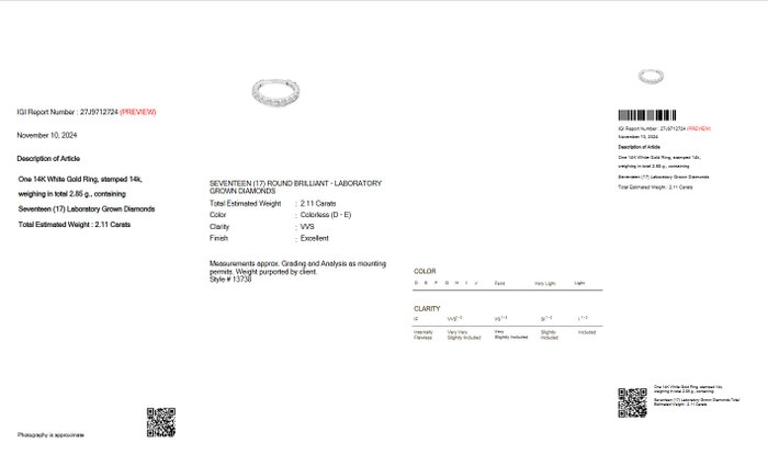 Ingen mindstepris - Alliancering - 14 karat Hvidguld -  2.11ct. tw. Diamant (Laboratoriedyrket) - D-E VVS IGI 3/4 EVIGHED