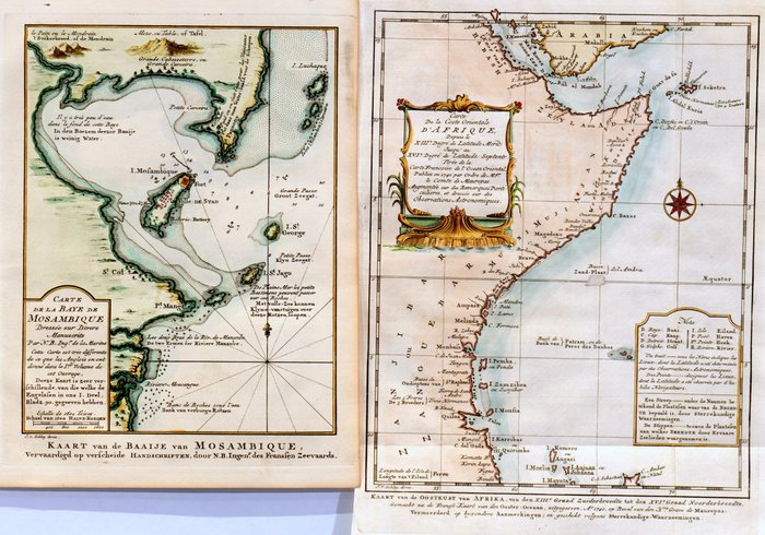 Afrika - Mozambique / Afrikas Horn Somalia (2 kort); J. van der Schley - Kaart van de Baaije van Mosambique / Kaart van de Oostkust van Afrika - 1721-1750