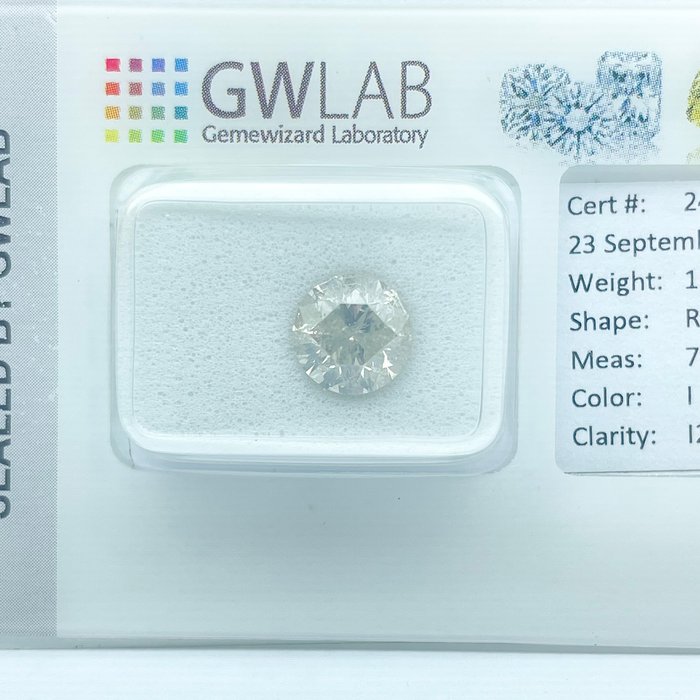 Ingen mindstepris - 1 pcs Diamant  (Natur)  - 1.70 ct - Rund - I - I2 - Gemewizard Gemological Laboratory (GWLab)