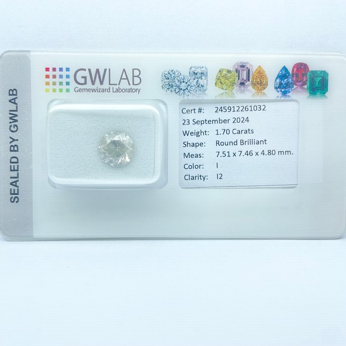 Ingen mindstepris - 1 pcs Diamant  (Natur)  - 1.70 ct - Rund - I - I2 - Gemewizard Gemological Laboratory (GWLab)