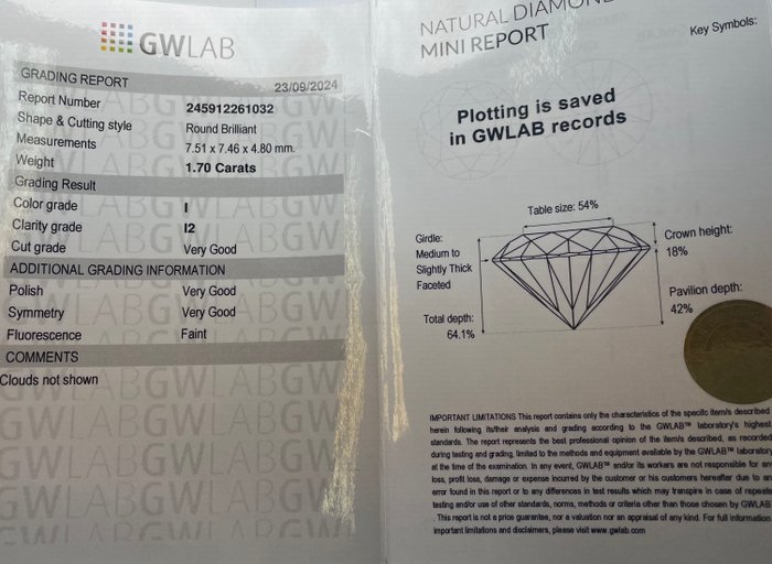 Ingen mindstepris - 1 pcs Diamant  (Natur)  - 1.70 ct - Rund - I - I2 - Gemewizard Gemological Laboratory (GWLab)