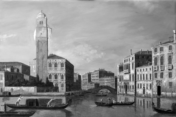 Scuola italiana (XX), After Canaletto - Vista della conduzione del Canale di Cannaregio nel Canal Grande con il  Palazzo Labia, il Campanile