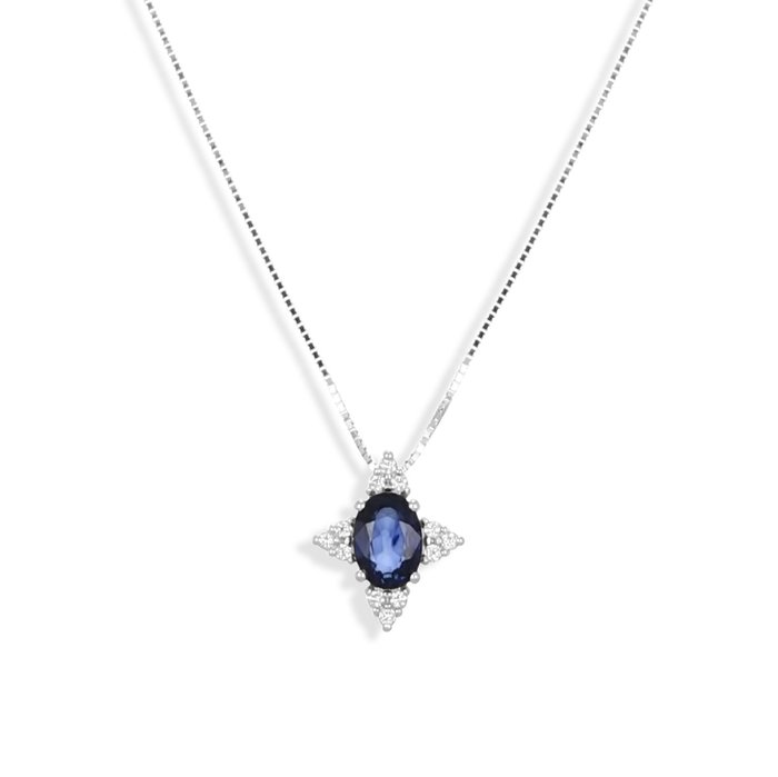 Halskæde med vedhæng - 18 kraat Hvidguld -  1.15ct. tw. Safir - Diamant