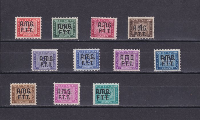 Triest - Zone A 1947/1949 - Komplet sæt med 11 Supertax-stempler. A.M.G. F.T.T. Næsten alle værdier er underskrevet. MNH - Sassone Serie 51