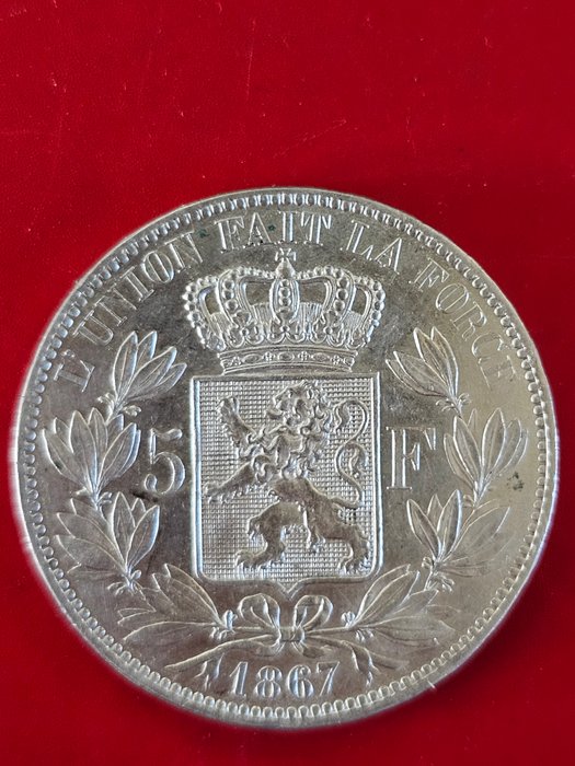 Belgien. Leopold 2.. 5 Francs 1867  (Ingen mindstepris)