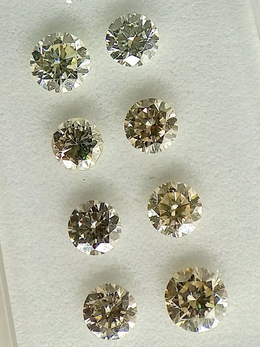 8 pcs Diamant  (Naturfarvet)  - 0.81 ct - Rund - Faint, Very light Grønlig, Gullig Brun, Gul - SI2, VVS1 - Antwerp Laboratory for Gemstone Testing (ALGT)