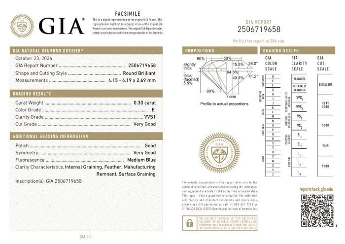 Ingen mindstepris - 1 pcs Diamant  (Natur)  - 0.30 ct - Rund - E - VVS1 - Gemological Institute of America (GIA)