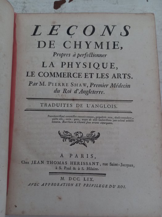 Pierre Shaw - Leçons de chymie, propres a perfectionner. La physique, le commerce et les arts - 1759