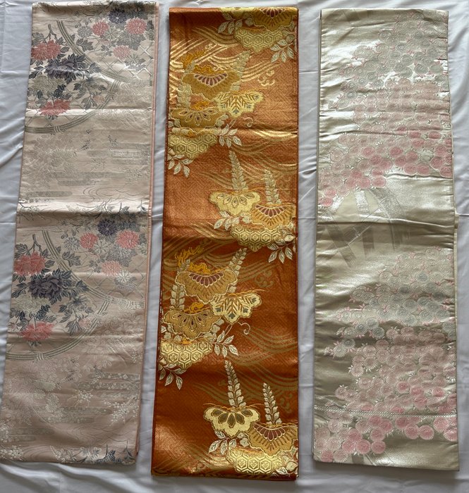 Fukuro OBI japansk kimono bæltebånd sæt med 3 krysantemum, vifte, bambus, blomster mønster - Silke - Japan - Shōwa-periode (1926-1989)