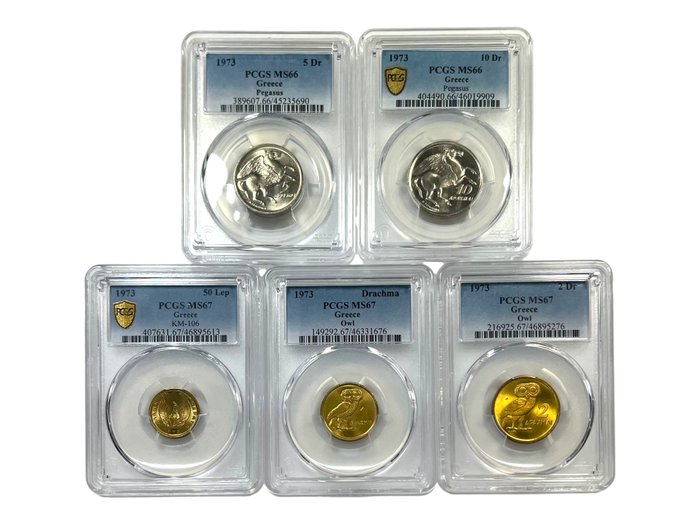 Grækenland. 1973 Lot of 5x Certified Greek Coins, PCGS MS 66/67  (Ingen mindstepris)