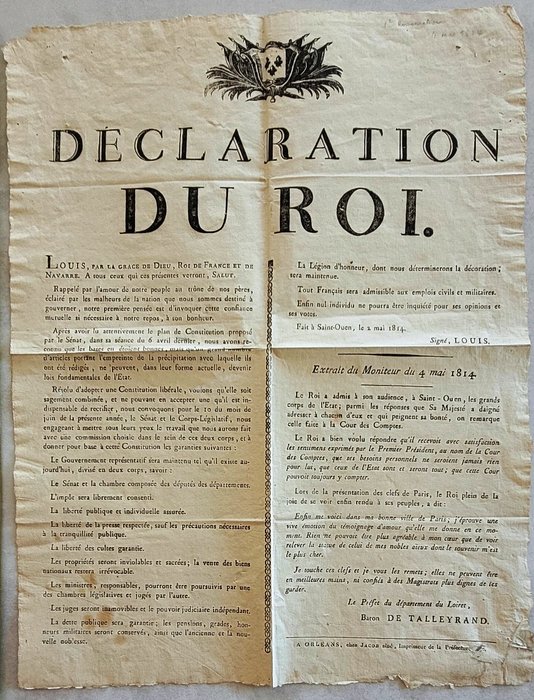 Dokument - Louis XVIII  Baron de Talleyrand - [Restauration] Déclaration du Roi Louis XVIII  Présentation de la future Constitution - 1814