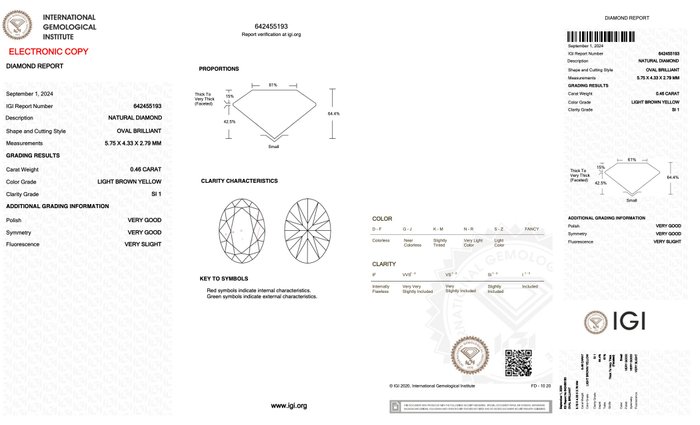 Ingen mindstepris - 1 pcs Diamant  (Naturfarvet)  - 046 ct - Oval - Light Brun Gul - SI1 - International Gemological Institute (IGI)