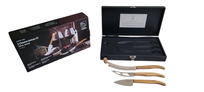 Laguiole Style de Vie - Bordknive sæt (3) - Oliventræ - Ostekniv boks