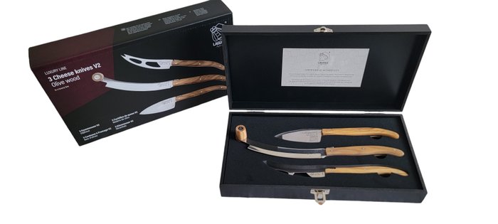 Laguiole Style de Vie - Bordknive sæt (3) - Oliventræ - Ostekniv boks