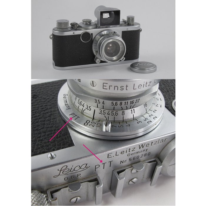 Leica 1c, met zeldzame PTT gravering op body en objectief (Summaron f3.5/3,5cm), met Leitz 35mm zoeker. Analogt kamera