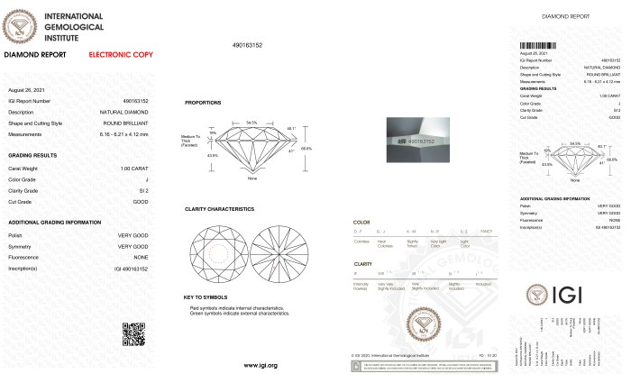 Ingen mindstepris - 1 pcs Diamant  (Natur)  - 1.00 ct - Rund - J - SI2 - International Gemological Institute (IGI)