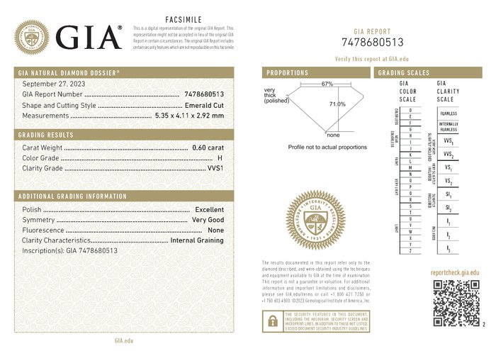 1 pcs Diamant  (Natur)  - 060 ct - Smaragd - H - VVS1 - Gemological Institute of America (GIA) - *EX VG Ingen*