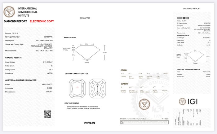 1 pcs Diamant  (Natur)  - 0.70 ct - Radiant - G - VS2 - International Gemological Institute (IGI)