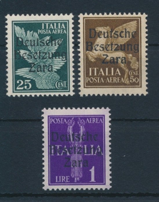 Tyske Rige - Besættelse af Zara 1943 - Italienske luftpoststempler 25 cents - 1 lire med Zara-påtryk i Type I - Michel Nr. 23 I, 24 I, 27 I mit Fotobefund Brunel "echt  einwandfrei"