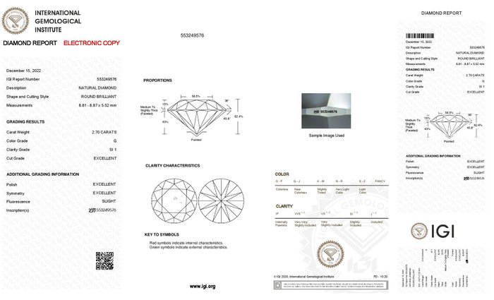 1 pcs Diamant  (Natur)  - 2.70 ct - Rund - G - SI1 - International Gemological Institute (IGI)