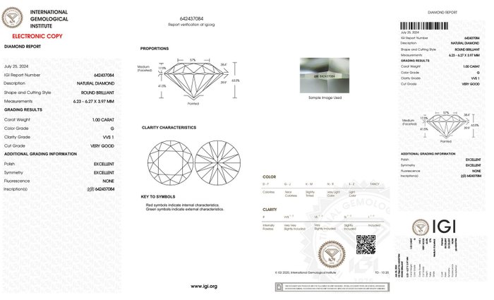 Ingen mindstepris - 1 pcs Diamant  (Natur)  - 1.00 ct - Rund - G - VVS1 - International Gemological Institute (IGI) - *VG EX Ingen*