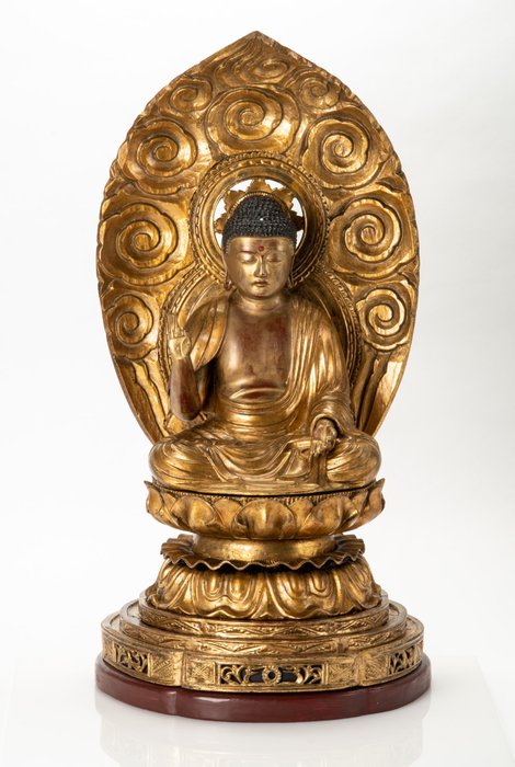 An important and excellent lacquered-wood seated Figure of Amida Buddha on a lotus pedestal - Skulptur Guld Træ - Japan - Edo-perioden (1600-1868)