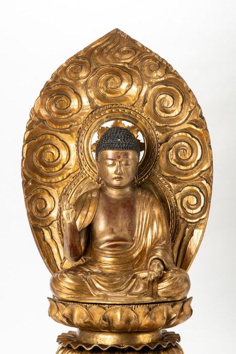 An important and excellent lacquered-wood seated Figure of Amida Buddha on a lotus pedestal - Skulptur Guld Træ - Japan - Edo-perioden (1600-1868)