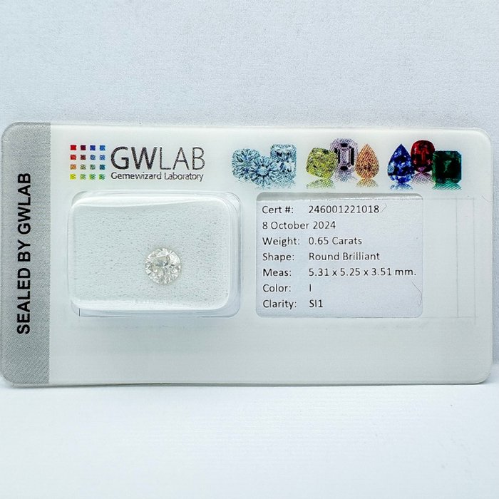 Ingen mindstepris - 1 pcs Diamant  (Natur)  - 0.65 ct - Rund - I - SI1 - Gemewizard Gemological Laboratory (GWLab)