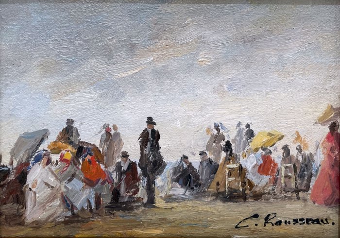 Camille Rousseau (1949-) - Deauville - Plage Animée sous le Ciel Nuageux_no reserve