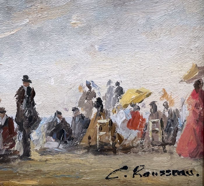 Camille Rousseau (1949-) - Deauville - Plage Animée sous le Ciel Nuageux_no reserve