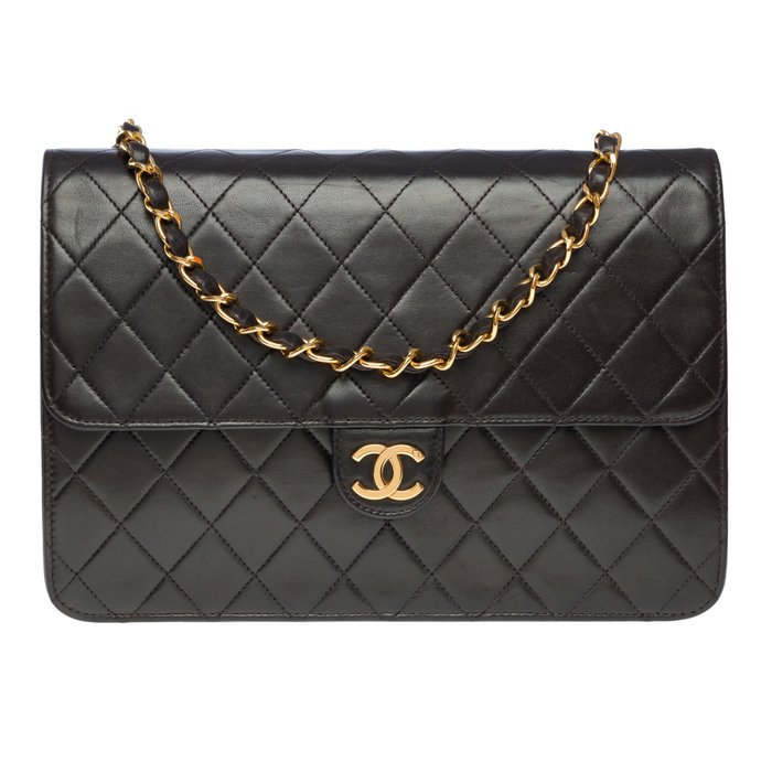 Chanel - Chanel Timeless/Classic Push Lock shoulder flap bag in black quilted lambskin , GHW - Skuldertaske