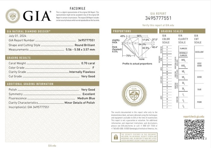 Ingen mindstepris - 1 pcs Diamant  (Natur)  - 0.70 ct - Rund - F - IF - Gemological Institute of America (GIA)