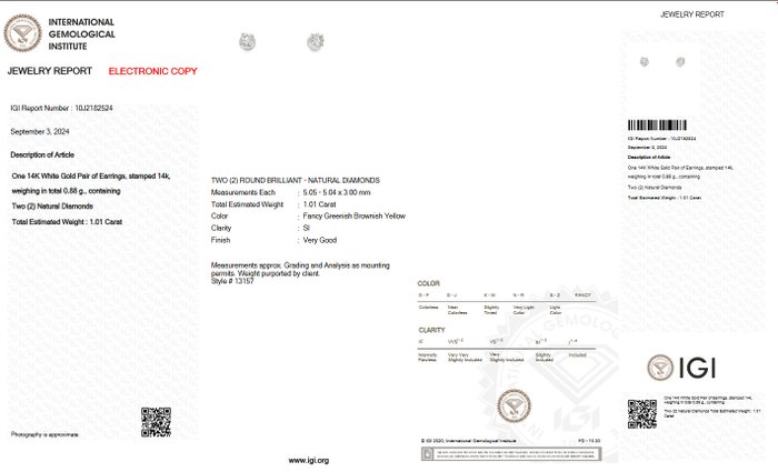 Ingen mindstepris - Øreringe - 14 karat Hvidguld -  1.01ct. tw. Gul Diamant (Naturfarvet) - IGI