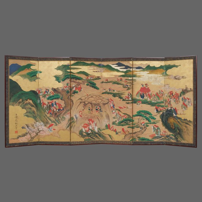 Byôbu 屏風 (foldeskærm) - Bladguld, lakeret træ, silke - Japan - Edo-perioden (1600-1868)