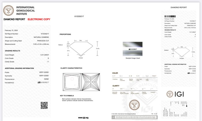 1 pcs Diamant  (Natur)  - 107 ct - Kvadrat - E - I1 - International Gemological Institute (IGI)