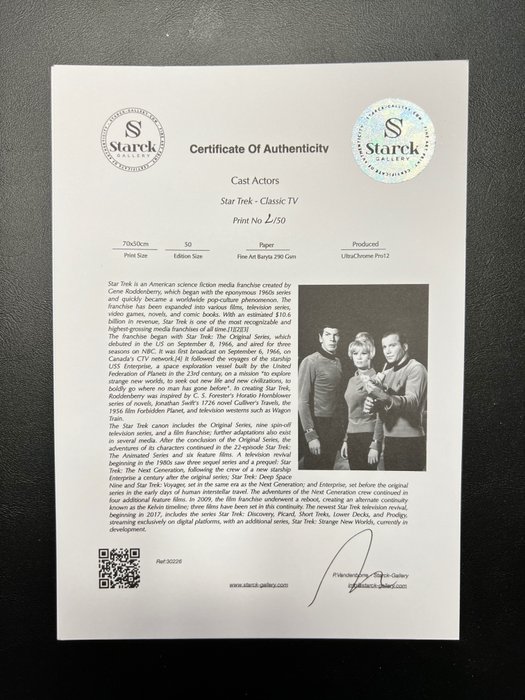 Star Trek - Classic TV - Cast Actors - Photographie Luxury Wooden Framed 70X50 cm - Limited Edition Nr 03 of 50 - Serial ID 30226 - Original Certificate (COA) Hologram Logo Editor and QR Code