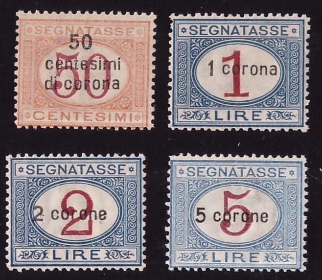 Italien - Dalmatia, Trento og Trieste 1923 - serie af skattepoststempler overtrykt i kroner - Sassone NN. 1/4