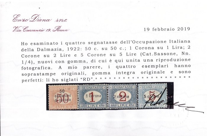 Italien - Dalmatia, Trento og Trieste 1923 - serie af skattepoststempler overtrykt i kroner - Sassone NN. 1/4