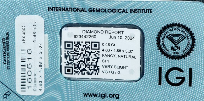 Ingen mindstepris - 1 pcs Diamant  (Naturfarvet)  - 0.46 ct - Fancy light Gul - SI1 - International Gemological Institute (IGI)