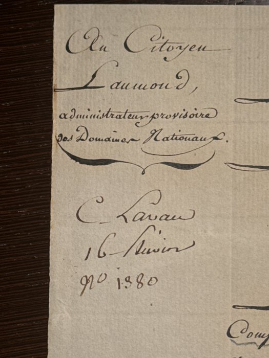 Comité de Surveillance révolutionaire par le Ministre des Contribution publique - French Certification for the citizen Laumond signed by the minister "Contribution publique" - 1794