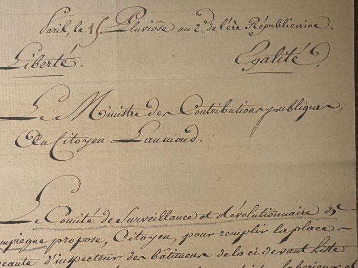 Comité de Surveillance révolutionaire par le Ministre des Contribution publique - French Certification for the citizen Laumond signed by the minister "Contribution publique" - 1794